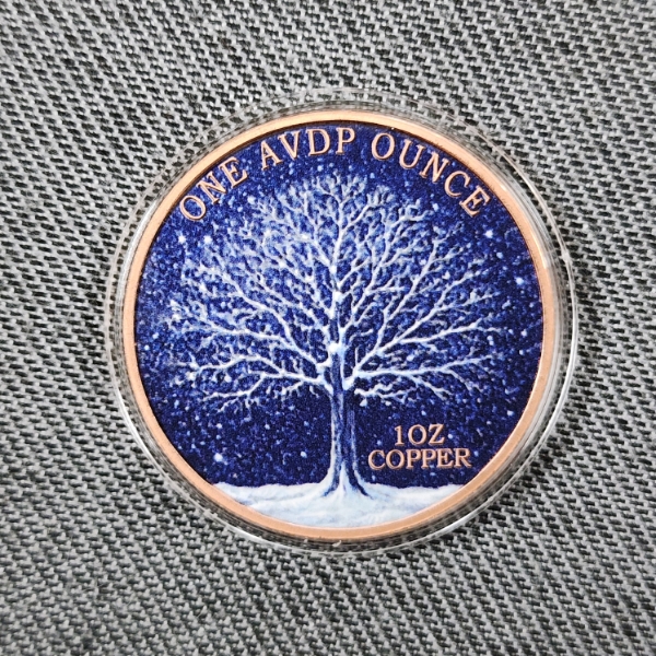 One Troy Ounce .999 Fine Copper Round ~ Colorized Ft. Unique Winter Maple Leaf Design & Snow Covered