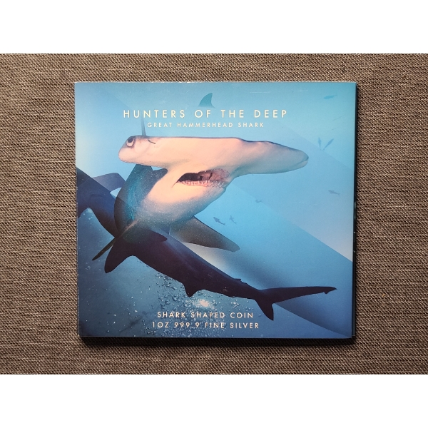 Hunters of the Deep Hammerhead Shark Shaped 1 Oz Silver Coin in Protector - 2020 Solomon Islands