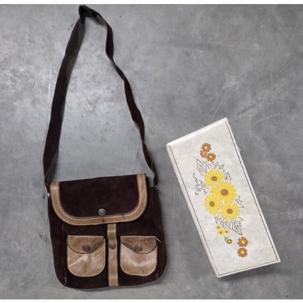 Vintage Small Brown Leather Snap Bag And 10.5''x4.5'' Jewelry Box With Contents