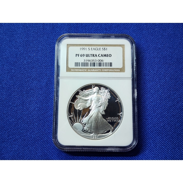1991-S $1 Silver American Eagle 1 oz Fine Silver Graded PF69 ULTRA CAMEO by NGC