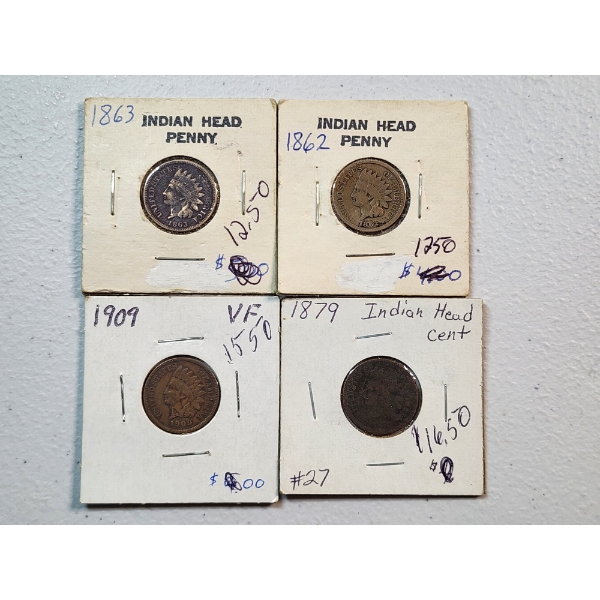 4 BETTER DATE Indian Head Cents 1863, 1682, 1909, 1879