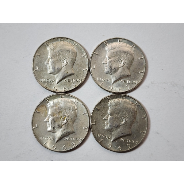 Four Assorted Years 40% Silver Kennedy Half Dollars FV: $2.00