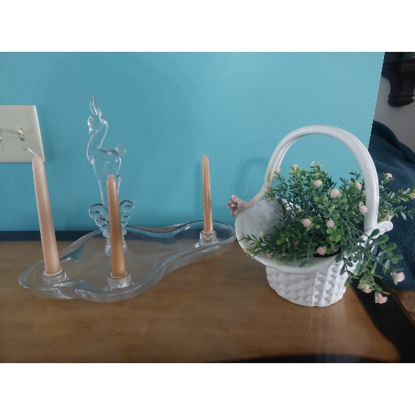 2 Pc Lot - Triple Candle Holder & Floral Basket As shown