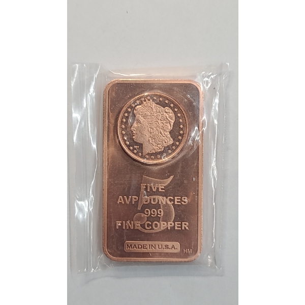 5 ADVP Ounces .999 Fine Copper Bullion Bar With Morgan Dollar Motif