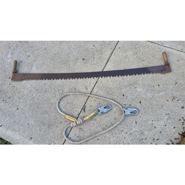 PICKUP IN CANTON - ANTIQUE CROSS CUT TWO MAN TREE SAW & ROPE WITH LOCKING HOOKS