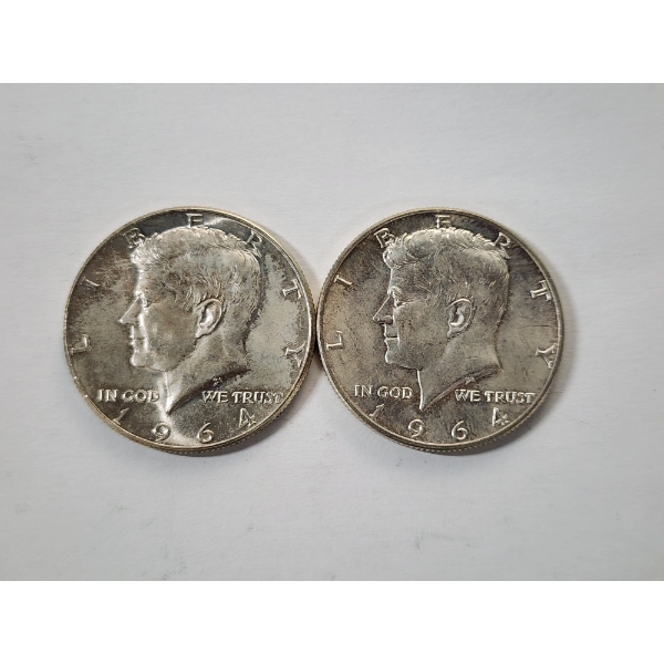 Two 1964 Kennedy Half Dollars - 90% Silver U.S. Coins - FV: $1.00