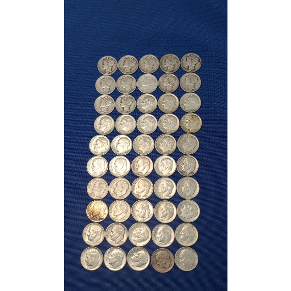 Assorted Years & Mint Marks 90% Silver Mercury Head/Roosevelt Dimes - Face Value: $5.00
