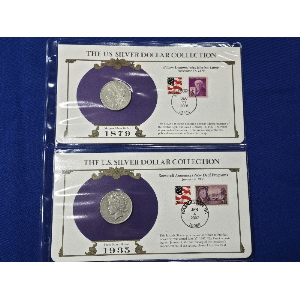 1879-O Morgan Silver Dollar and 1935 Peace Silver Dollar w/ Stamps - Postal Commemorative Society