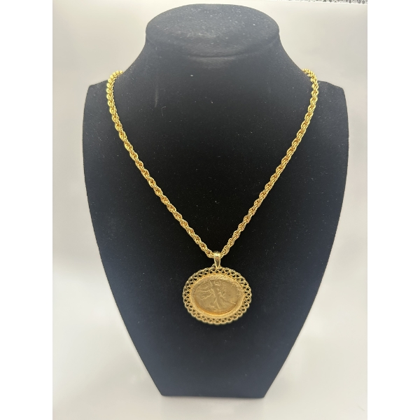 90% Silver, Gold Plated Walking Liberty Half Dollar on Gold Plated Necklace