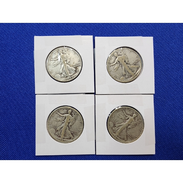 4 Walking Liberty Silver Half Dollars - Years: 1941, 1942, 1943