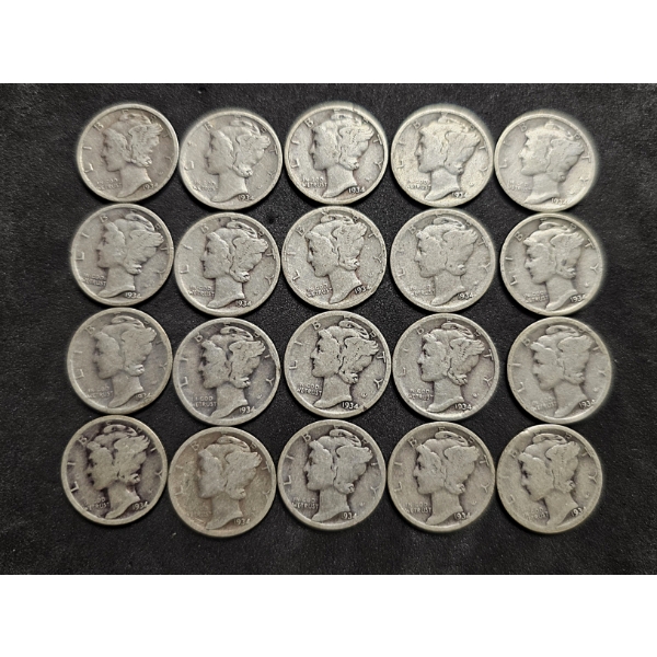 (20) Mercury Dimes 90% Silver $2 FV