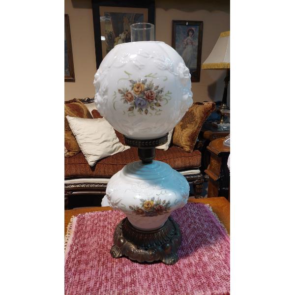 Antique GWTW Parlor Lamp - Electrified - Hand Painted Milk Glass High Relief Embossed Globes