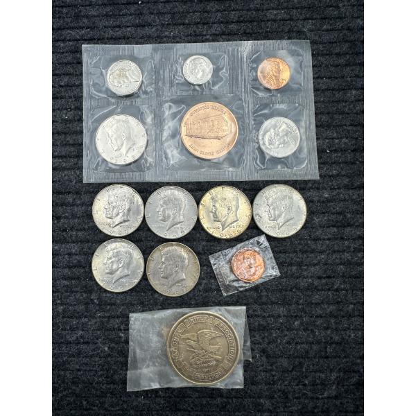 Six 40% Silver Kennedy Half Dollars, 1987 Proof Set, 1959 Lincoln Penny, & NRA Token