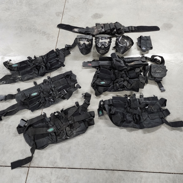 Large Lot of Assorted Paintball Accessories: Pod Harnesses/ Belts, 3 Masks