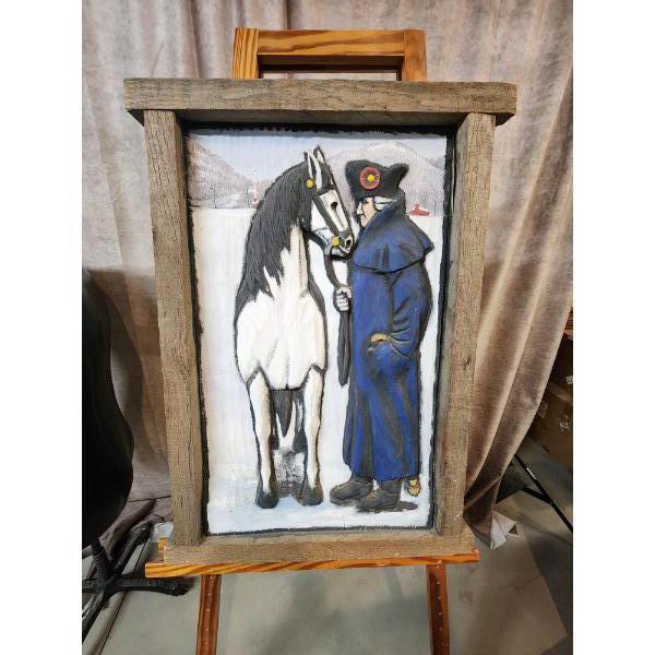 Vintage 3-Dimensional Historical Figure and Horse Wood Art Piece 20x30.5"