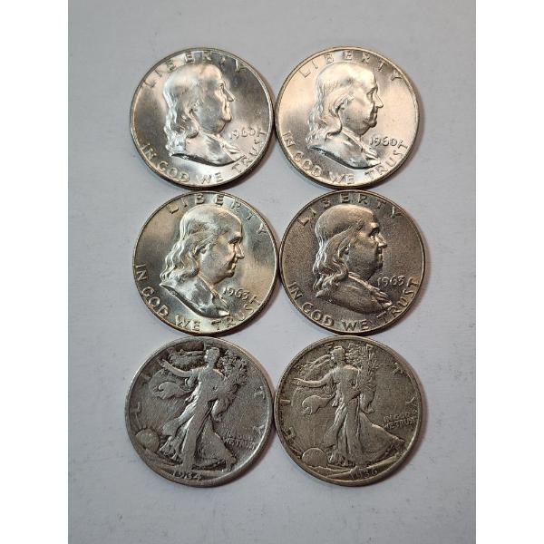 $3.00 Face Value of Assorted U.S. 90% Silver Half Dollars: Franklin & Walking Liberty