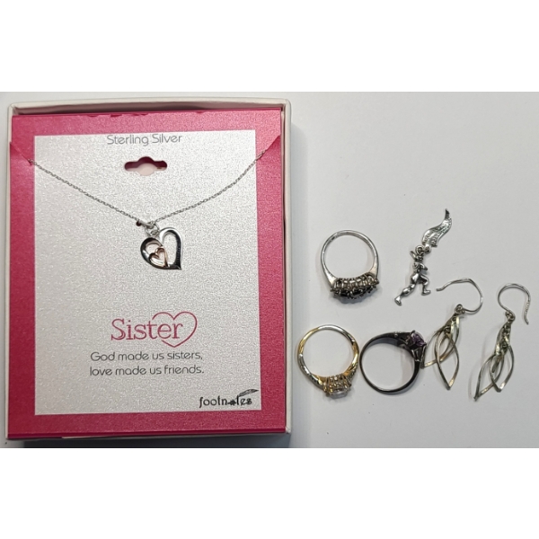 Sterling Silver "Sisters" Footnotes Heart Necklace & More - Weight: 14.4g