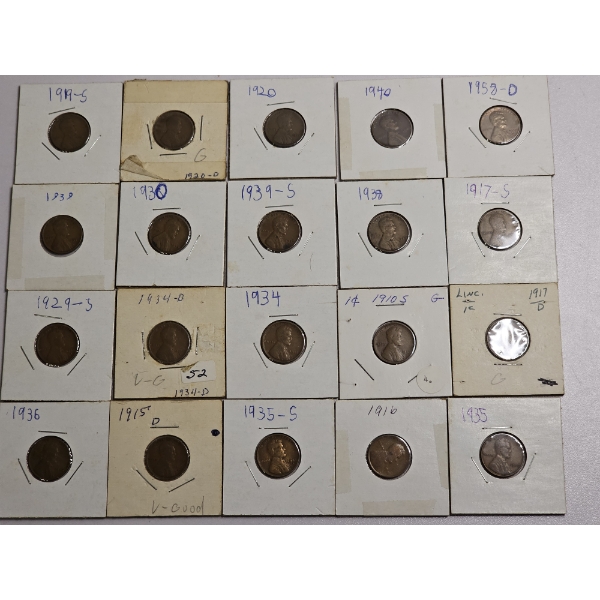 Vintage Lincoln Wheat Cents minted between 1910 and 1958