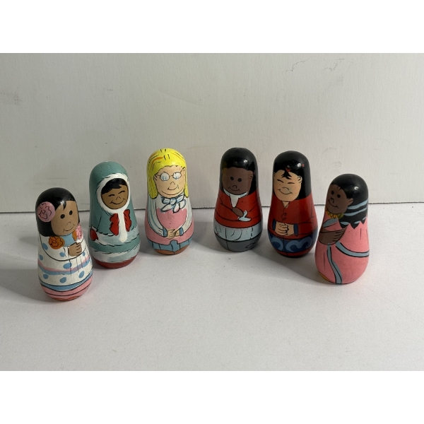 Vintage wooden folk art nesting dolls - Different Cultures - Tiny 1.5 inches