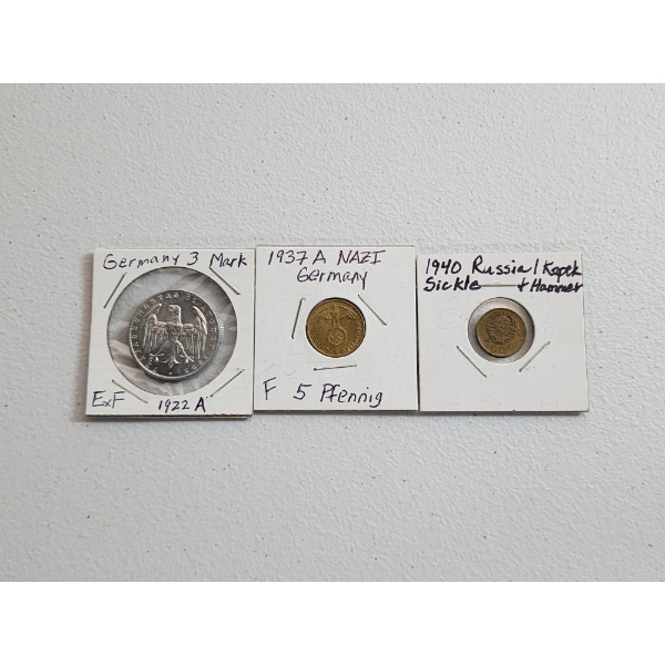 3 Foreign Coins: 1922-A Germany 3 Mark, 1937-A Nazi Germany 5 Pfenning, 1940 Russia Kopek 
