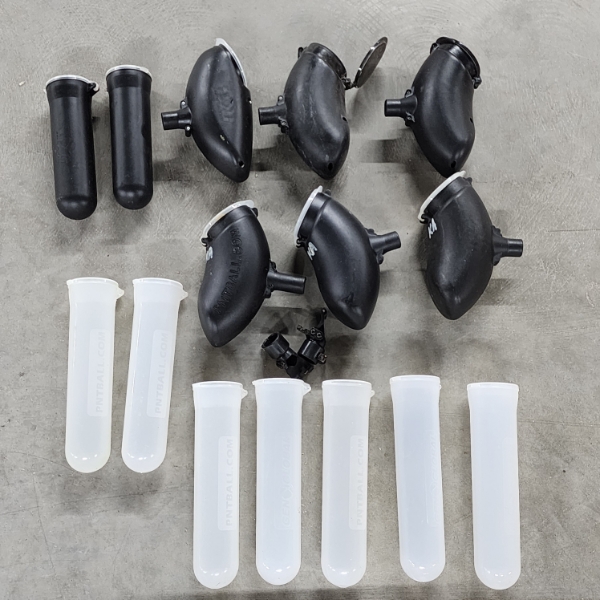 Large Assortment of Paintball Gear Including Hoppers, Pods/Tubes, & Feed Adapters