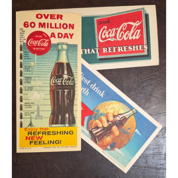 COCA COLA ADVERTISING BLOTTERS - 3 VINTAGE 10" X 4" BLOTTERS FEATURING VARIOUS THEMES.  SEE PICS
