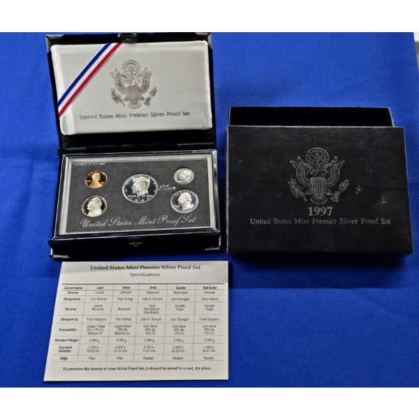 1997 United States Mint Premier Silver Proof Set - 5 Coin Set w/ Box & COA