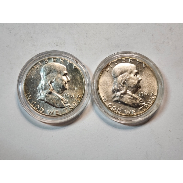 Two 1961 90% Silver Franklin Half Dollars in Capsules Face Value: $1.00