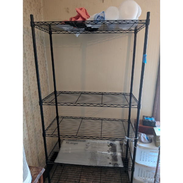Almost New Big 3ftx67" Shelving Rack, Bubble Wrap, And Large Vac Seal Storage Bags