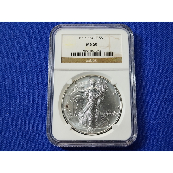 1995 $1 American Siver Eagle 1 oz Fine Silver Graded by NGC MS 69