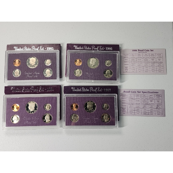 4 United States Mint Proof Sets: 1985, 1986, 1984, 1987