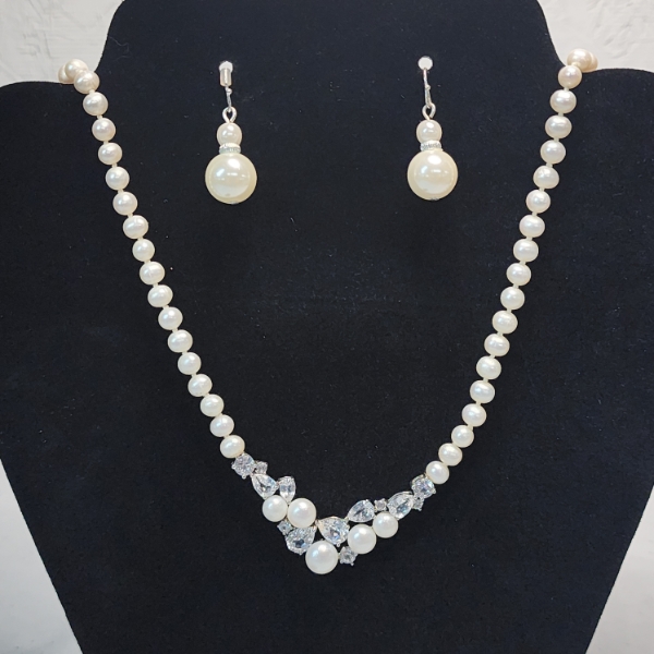 Pearl Necklace and Earrings Set w/ Sterling Silver Accents, & Two Sterling Rings - See Photos!