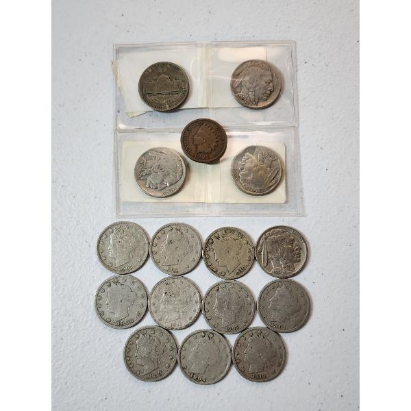 Assorted U.S. Coins Including 1897 Indian Head Cent, Nickels ("V", Buffalo, & Wartime) FV: $0.76