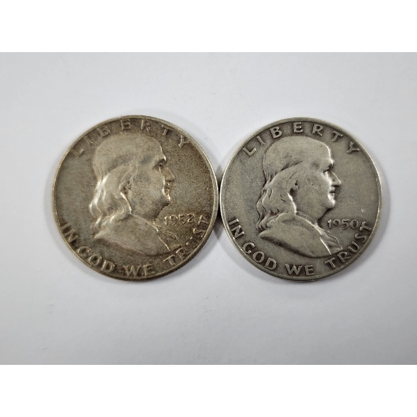 Two 90% Silver United States Franklin Half Dollars ~ 1950-D & 1952 ~ $1.00 Face Value