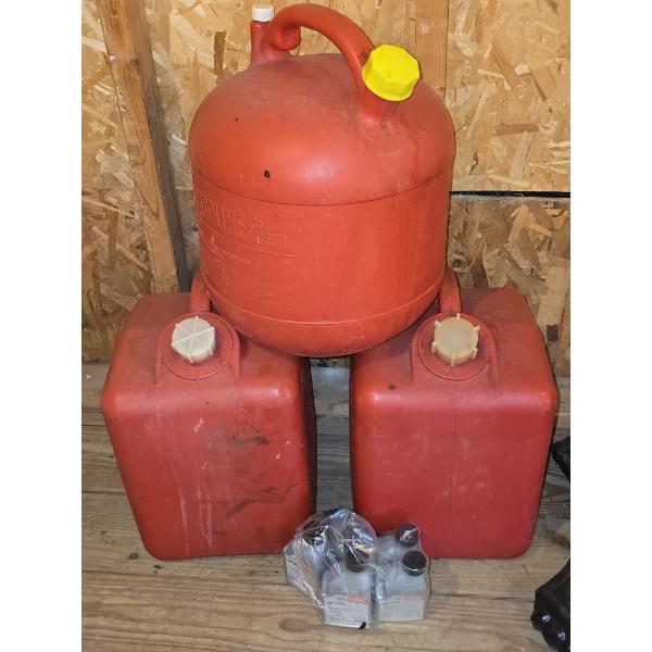 (3) 5 Gallon Gas Cans and (5) 6.4oz Bottles Stihl Engine Oil