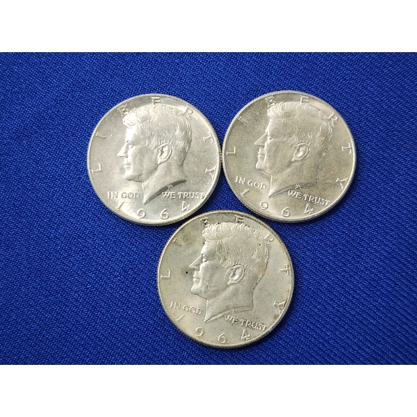 Lot of 3 90% Silver 1964 Kennedy Half Dollars - Face Value $1.50