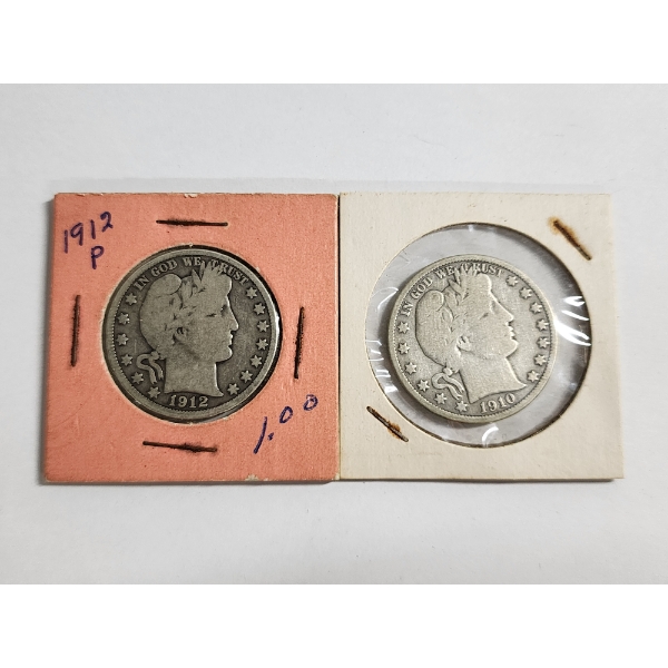 1912 & 1910 Barber Half Dollars - 90% Silver U.S. Silver Coins - FV: $1.00