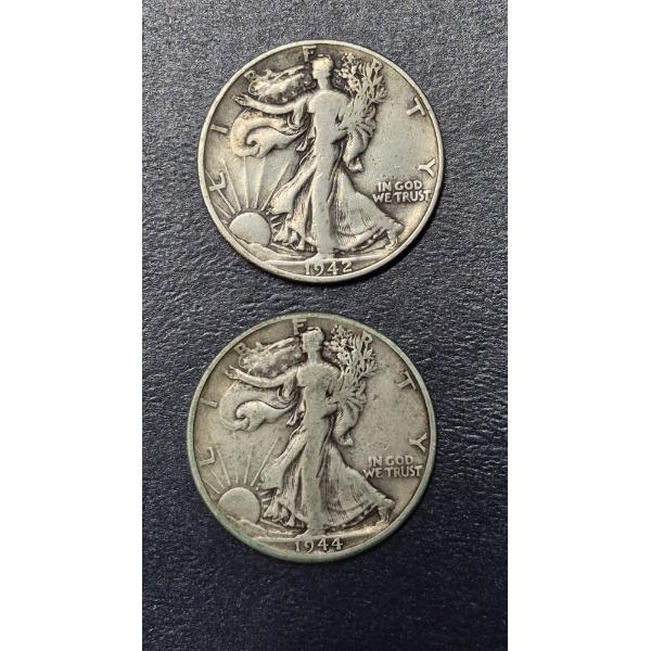 2 Pc Walking Liberty 90% Silver Half Dollars - 1942 p / 1944 D - See Pics
