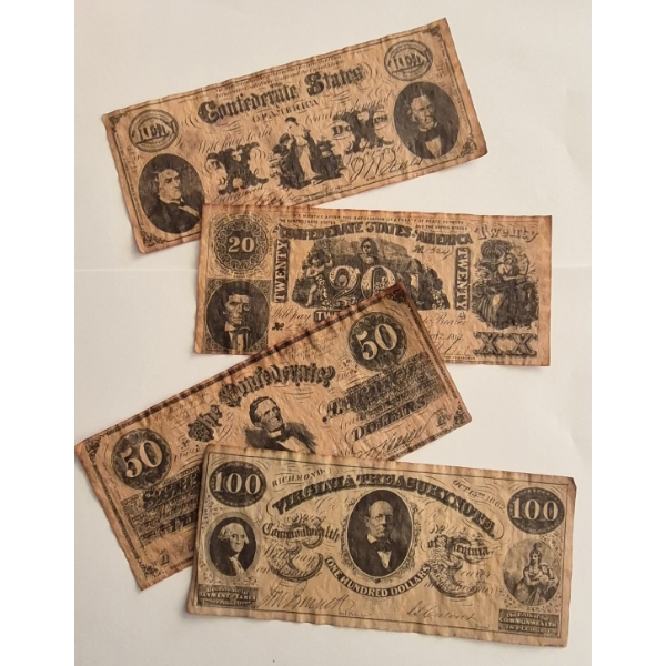 CSA - Civil War Confederate Currency - Repro Lot - 4 Pcs - $100, $50, $20, $10 Large Size Notes 