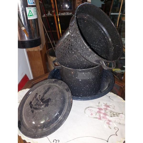 Antique Porcelain Metal Double Steamer Pot & Bowl - Spatterware - See Pics