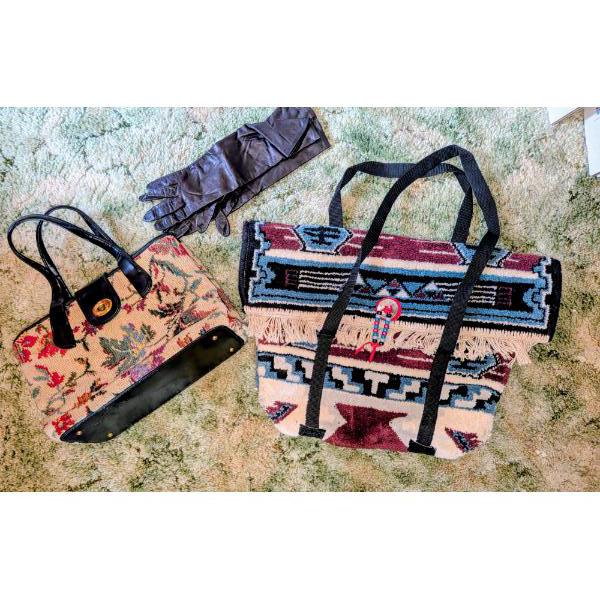 2 Remarkable Tapestry Type Bags & Gorgeous Vintage Brown Leather Elbow Length Gloves