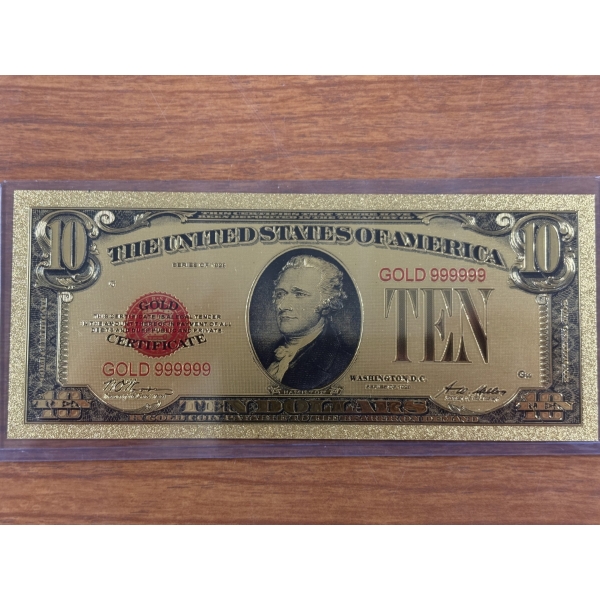 $10 Gold Certificate Gold Back .999999 - 24K Gold Back In Protective Holder - Mint Condition