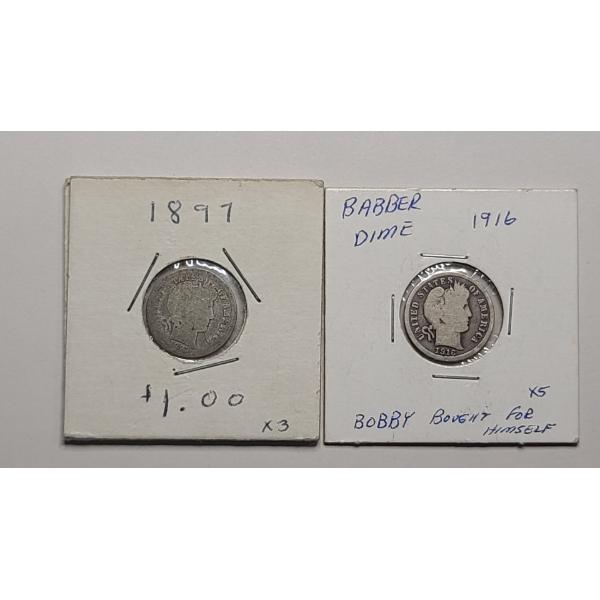 1897 90% Silver Barber Dime & 1916 90% Silver Barber Dime - Face Value: $0.20