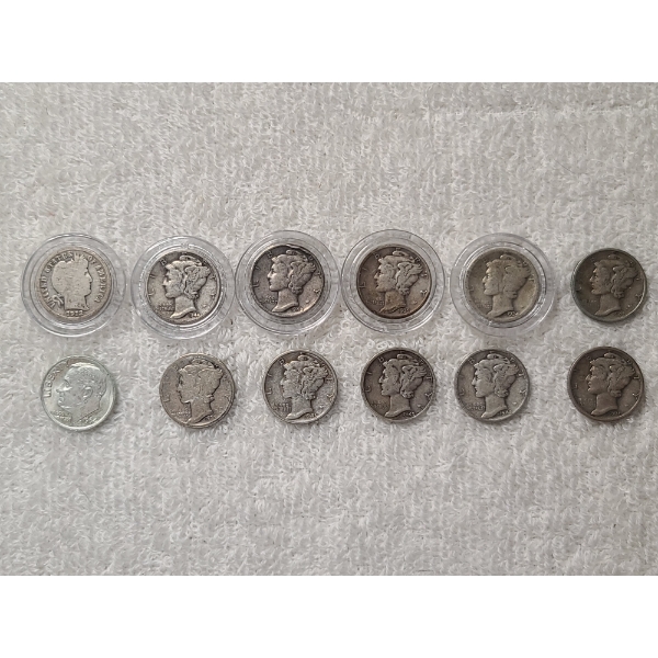 12 Assorted Silver Barber, Mercury & Roosevelt Silver U.S. Dimes - Face Value: $1.20