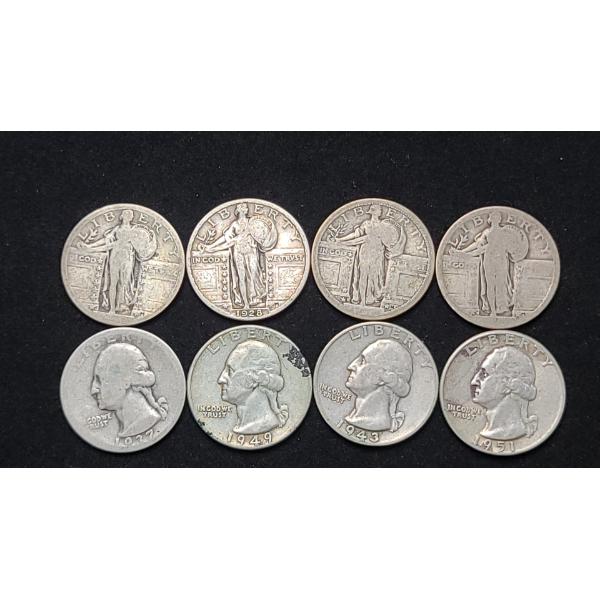 Assorted Years Washington & Standing Liberty 90% Silver Quarters - Face Value: $2.00