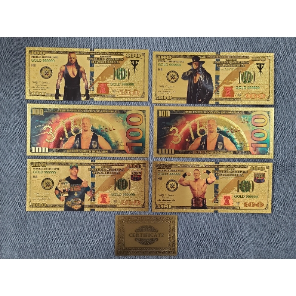 6 Asstd. 24KT Gold Foil WWE $100 Bills Featuring Undertaker, John Cena & Stone Cold Steve Austin