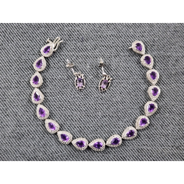 Nice Sterling Silver Jewelry Set Ft. Earrings & Bracelet with Lovely Purple Stones - Weighs 13.7 G