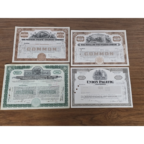 Lot of 4 Vintage Stock Certificates - Excellent Condition!