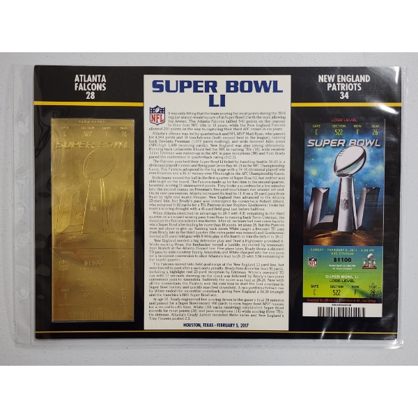 Authentic 2017 Super Bowl LI NFL Football Ticket & 24K Gold Plated Ticket - Mint Condition