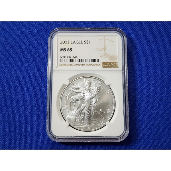 2001 $1 American Siver Eagle 1 oz Fine Silver Graded by NGC MS 69